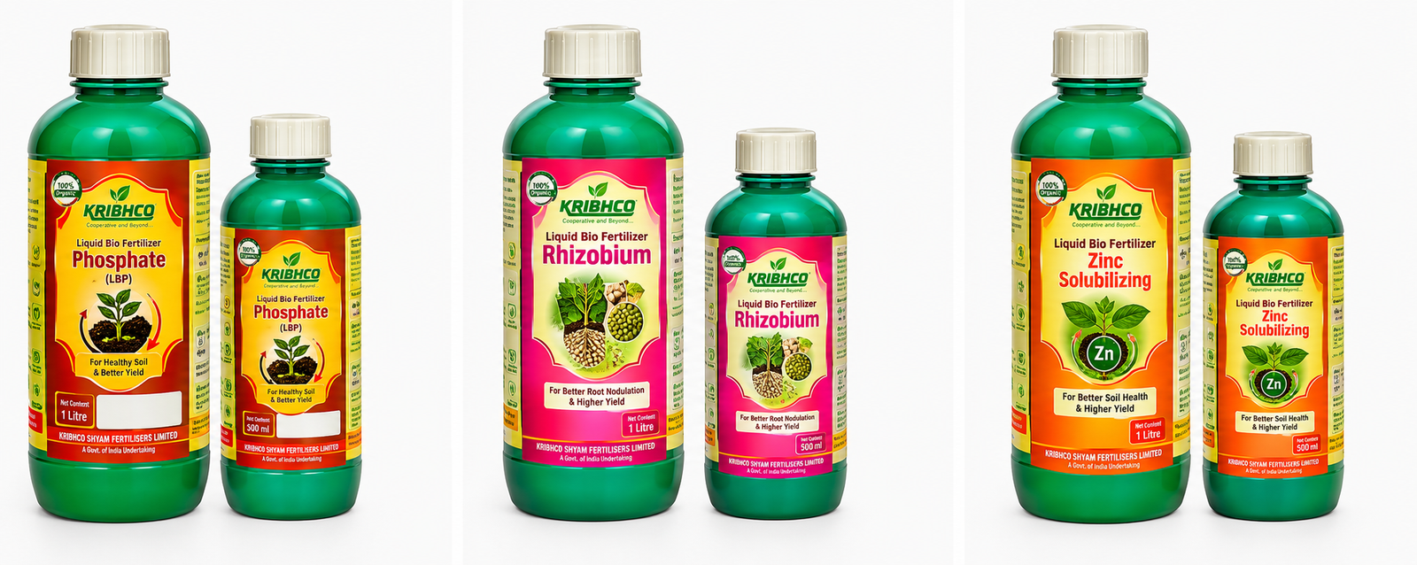 KRIBHCO liquid bio fertilizer products including Phosphate Rhizobium and Zinc Solubilizing